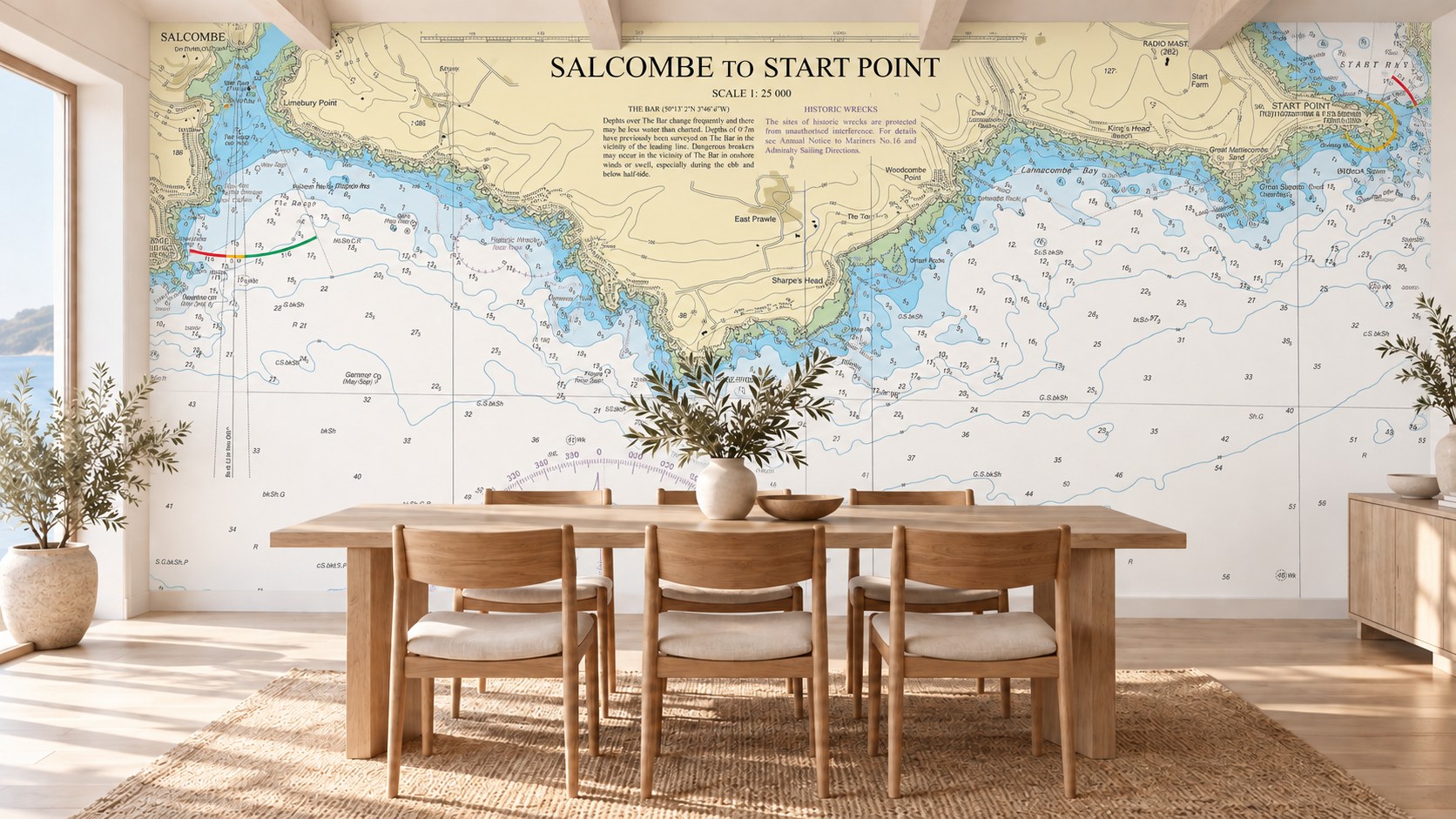 Sunlit dining space in a coastal home with chart wallpaper