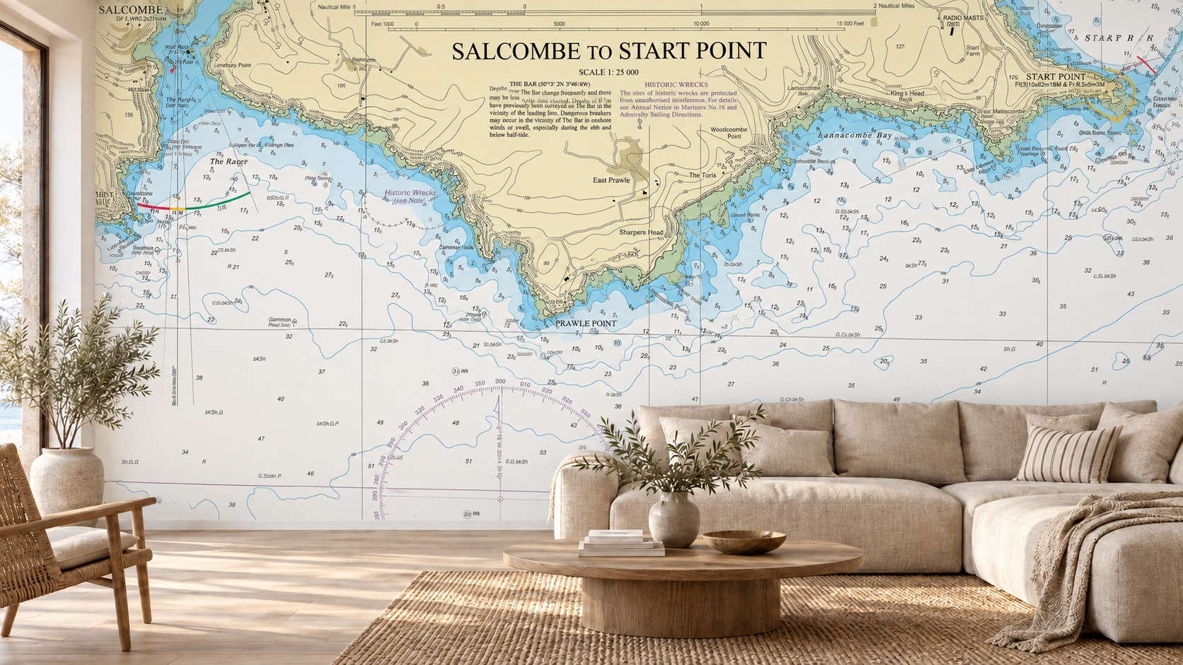 Light-filled living room with a full-wall coastal chart mural and a linen sofa