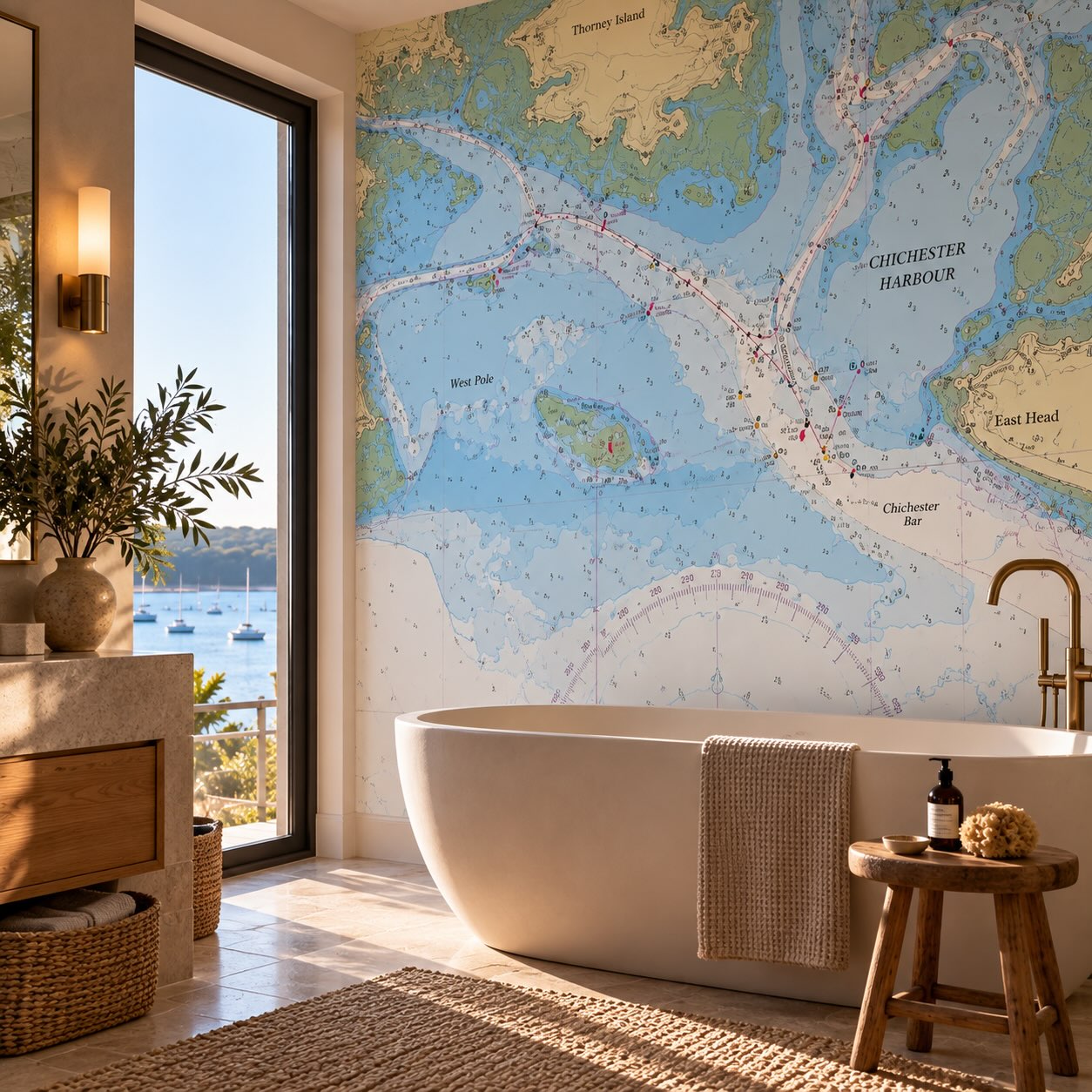 Chichester Harbour chart wallpaper in a coastal bathroom