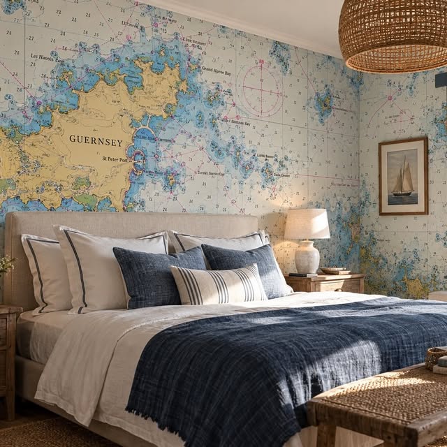 Guernsey chart wallpaper in a bedroom