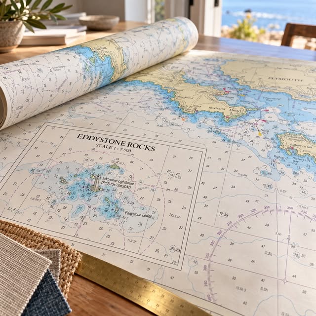 Nautical chart wallpaper with Eddystone Rocks detail