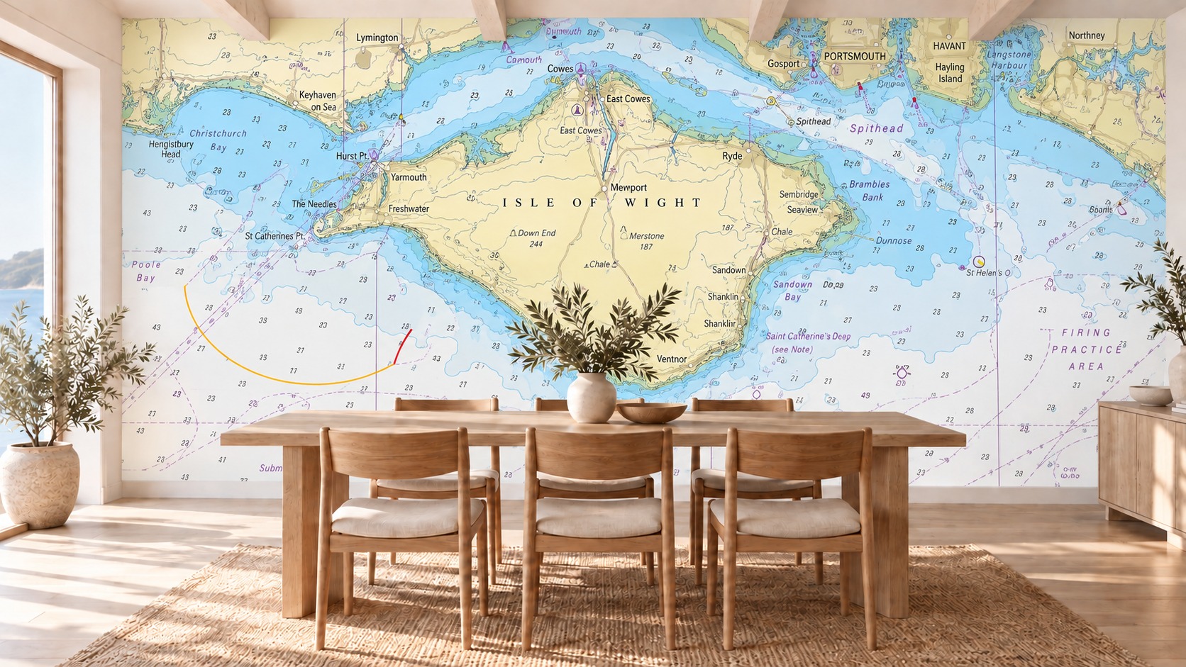 Isle of Wight chart wallpaper in a sunlit coastal dining room