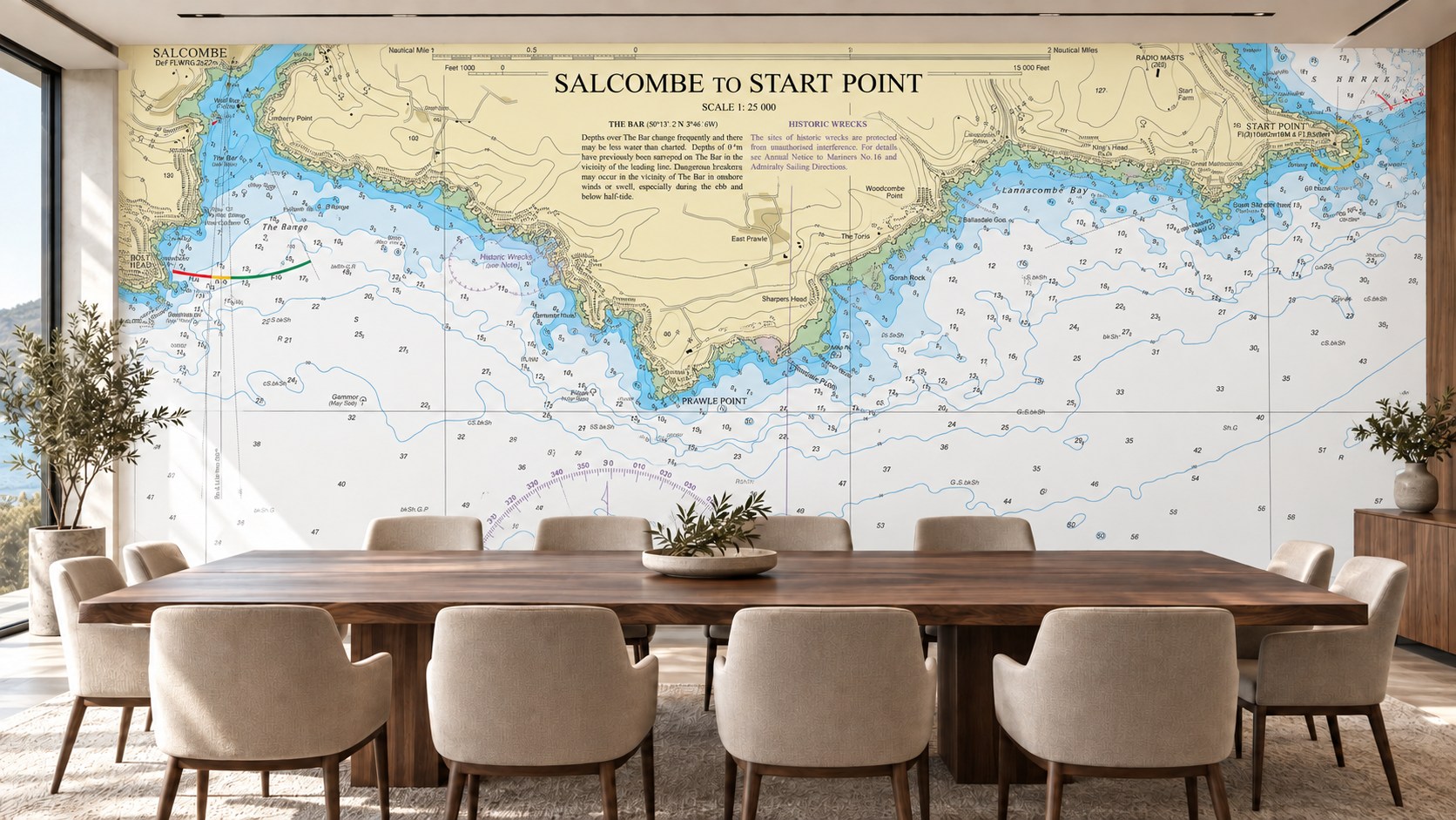 Nautical chart statement wall in a contemporary boardroom