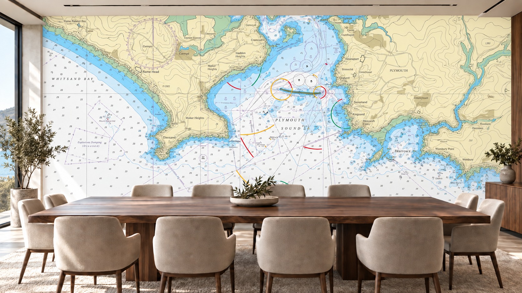 Upright Plymouth Sound chart mural in a contemporary boardroom